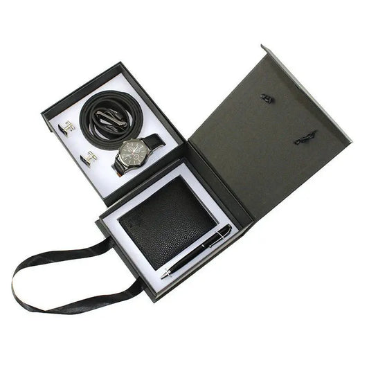 Packed Gift Box Watches Set Quartz Wrist Watch Belt Wallet Cufflinks Pen